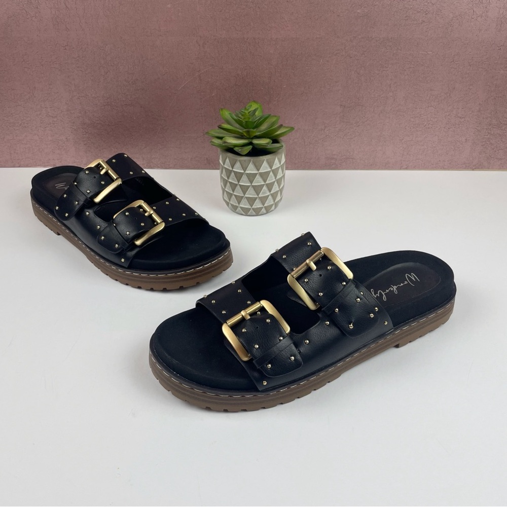 Wonderly Black Gold Buckle Slide On sandals Shoes Women Size 8 Fun Summer